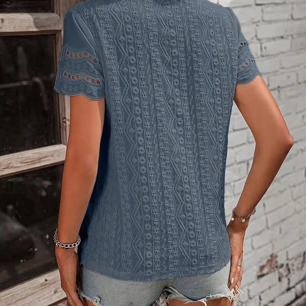 Women's Casual Eyelet Embroidery T-Shirt, Scallop Trim Tee, Short Sleeve Summer Top, Blouse With Detailing