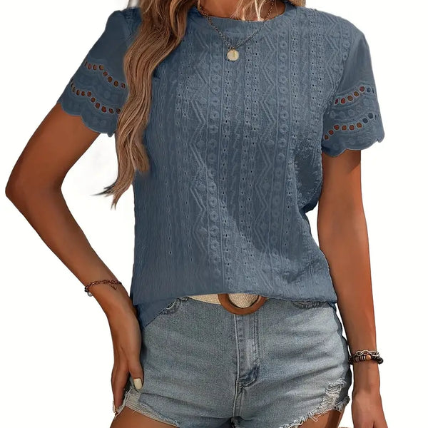 Women's Casual Eyelet Embroidery T-Shirt, Scallop Trim Tee, Short Sleeve Summer Top, Blouse With Detailing